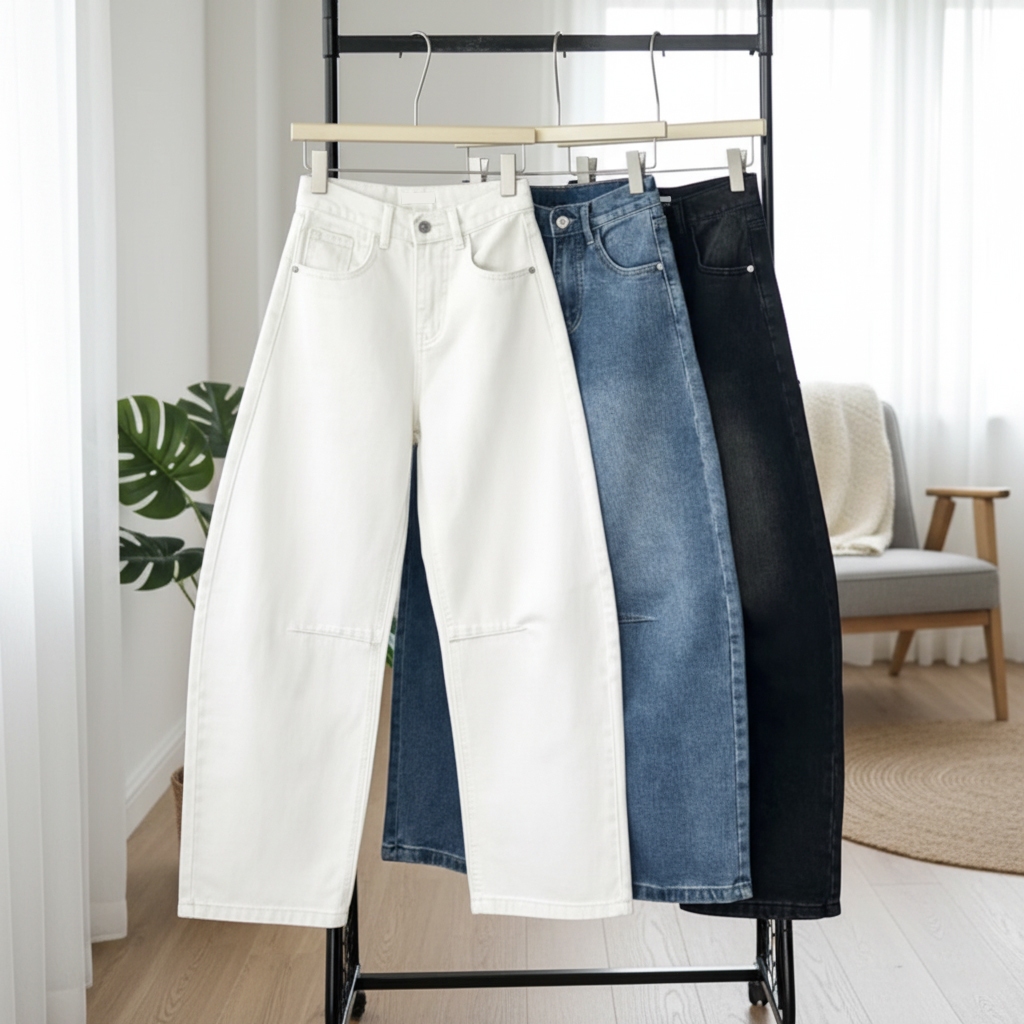 B&R พร้อมส่ง กางเกงยีนส์เอวสูงทรงหลวมสำหรับผู้หญิง กางเกงขาบานทรงโค้ง ย้อนยุคทรงหลวม สีขาวและสีน้ำเงิน