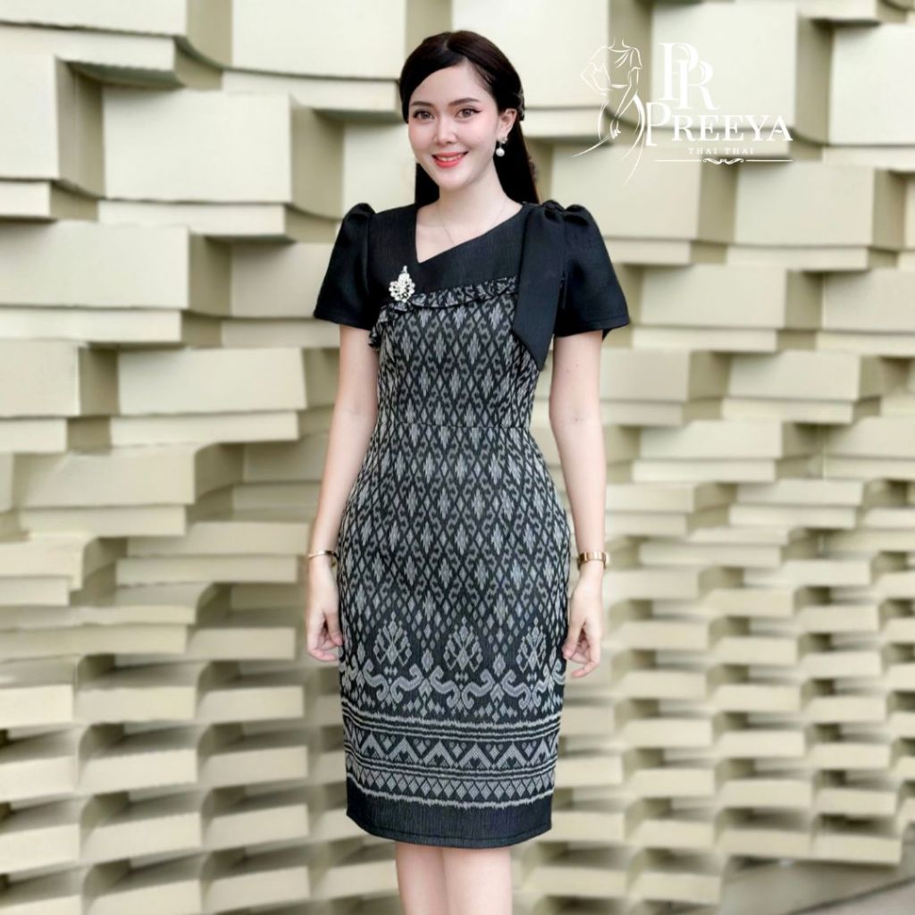 PR150 เดรสผ้าฝ้ายทอลาย ยกแขน อัดกาวทั้งชุด  แบรนด์ preeya มีไซส์S-4XL - รูปที่ 2