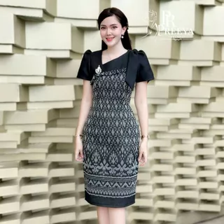 PR150 เดรสผ้าฝ้ายทอลาย ยกแขน อัดกาวทั้งชุด แบรนด์ preeya มีไซส์S-4XL