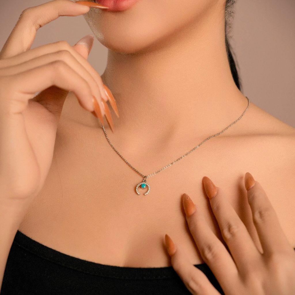 Vachana - Turquoise-colored Crescent Moon Necklace (สร้อยคอรูปพระจันทร์เสี้ยว)