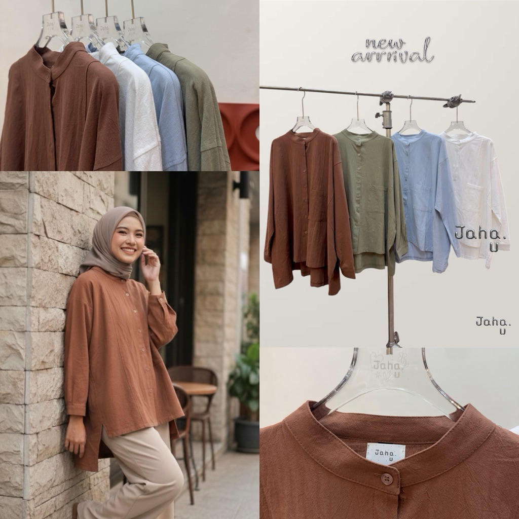 JAHA.U • NEW •พร้อมส่ง• SHIRT BLOUSE ; 🧤 เสื้อทรงเชิ้ต คอกลม ผ้าคอตตอน แขนสโลป มีกระดุมหน้ายาว มีกระเป๋าข้างซ้าย มี2ไซส์