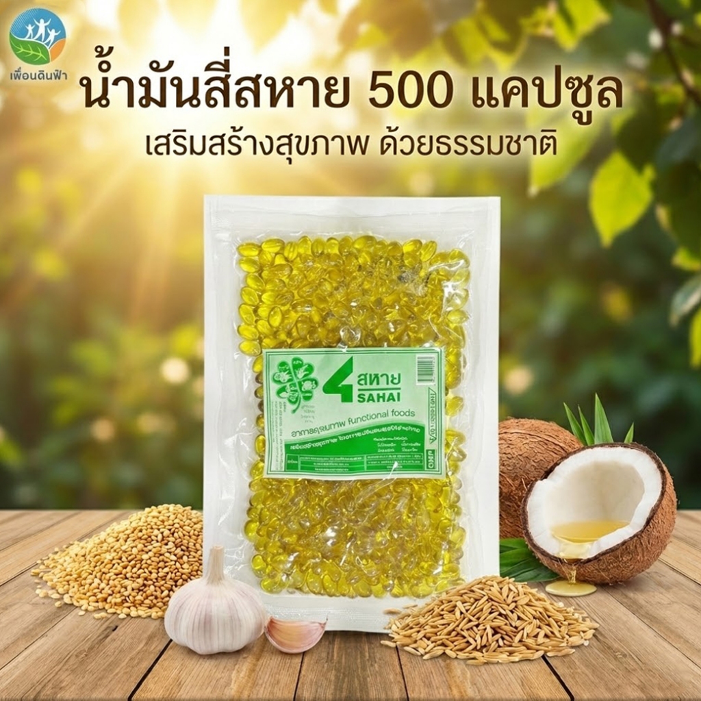 4 สหาย 500 แคปซูล น้ำมันสี่สหาย น้ำมันสกัดเย็น4ชนิด (4สหาย ซองใหญ่)