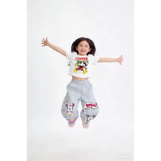 MC177 ชุดเด็กผู้หญิง ลายมิกกี้–มินนี่ เสื้อยืด+กางเกงยีนส์ขายาว น่ารักสดใส