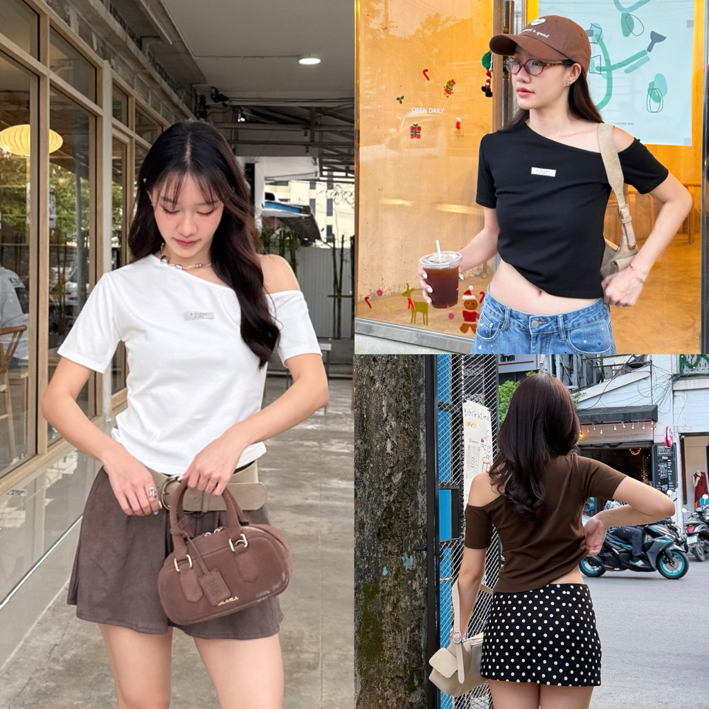 AGLEAMIN3011 | Sandy top เสื้อแขนสั้นเปิดไหล่ข้างหนึ่ง