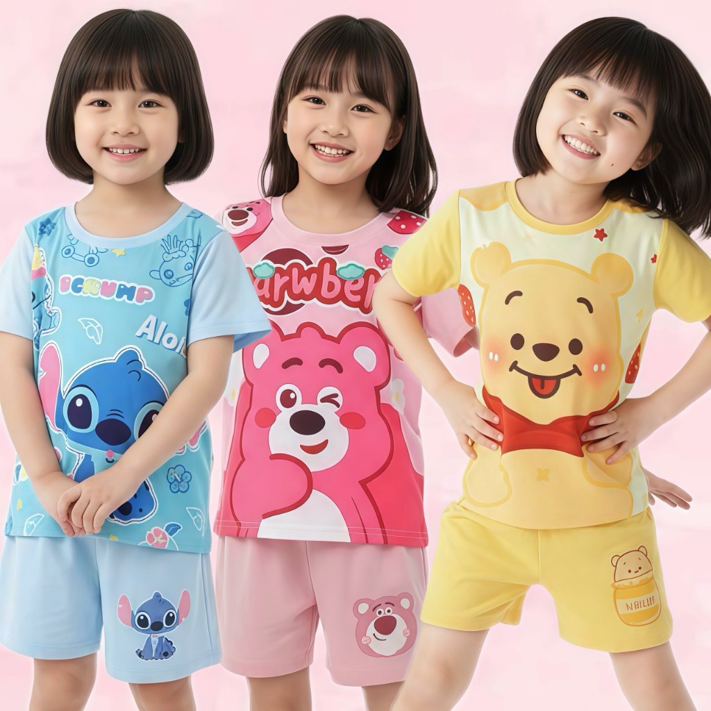 BB078 ชุดเด็กแขนสั้น ขาสั้น ลายการ์ตูน น่ารัก สีสวย ผ้านิ่มเด้ง เซตลูกสาว ลูกชาย