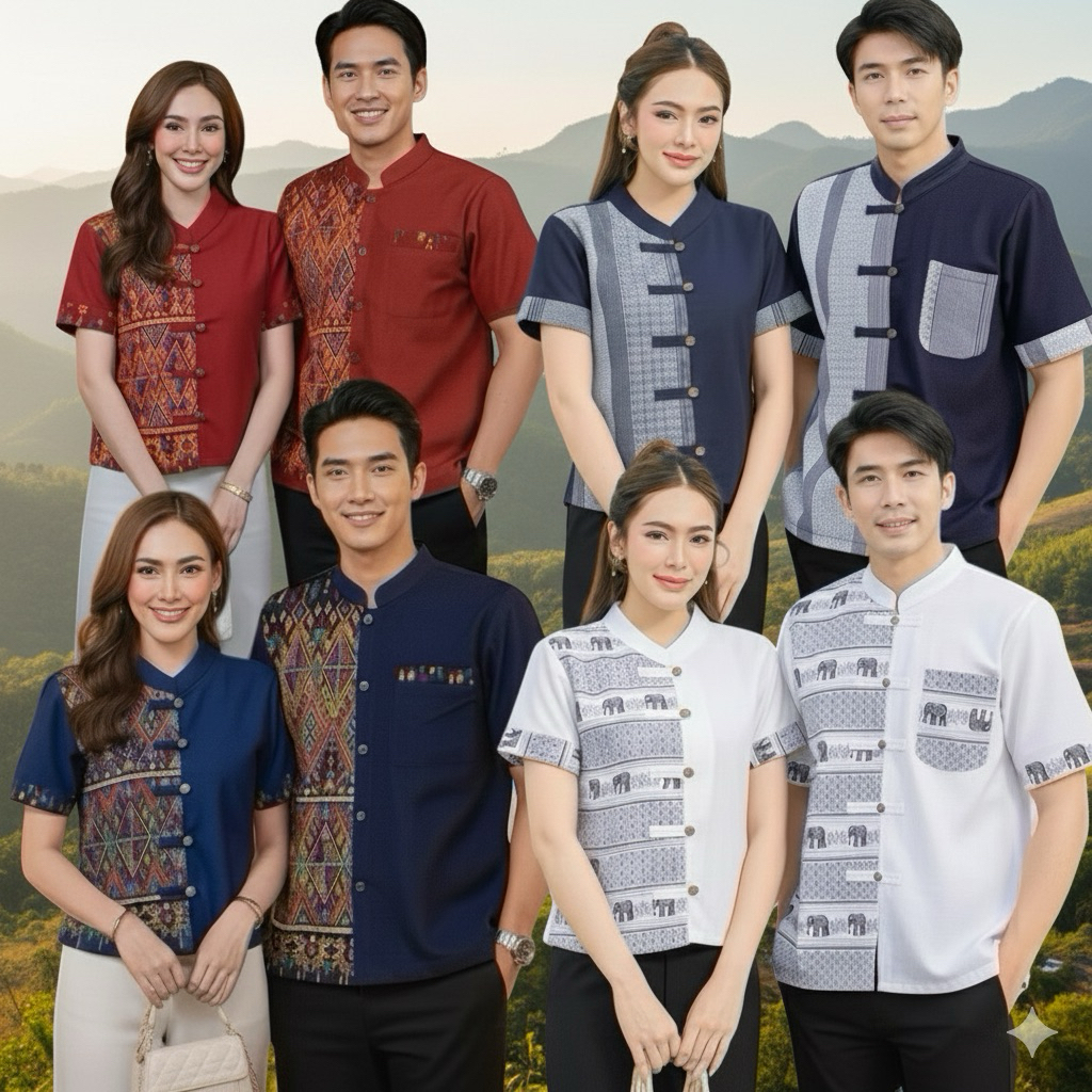 เสื้อพื้นเมืองผ้าฝ้ายแขนสั้นแต่งลาย เสื้อคู่ชาย/หญิง