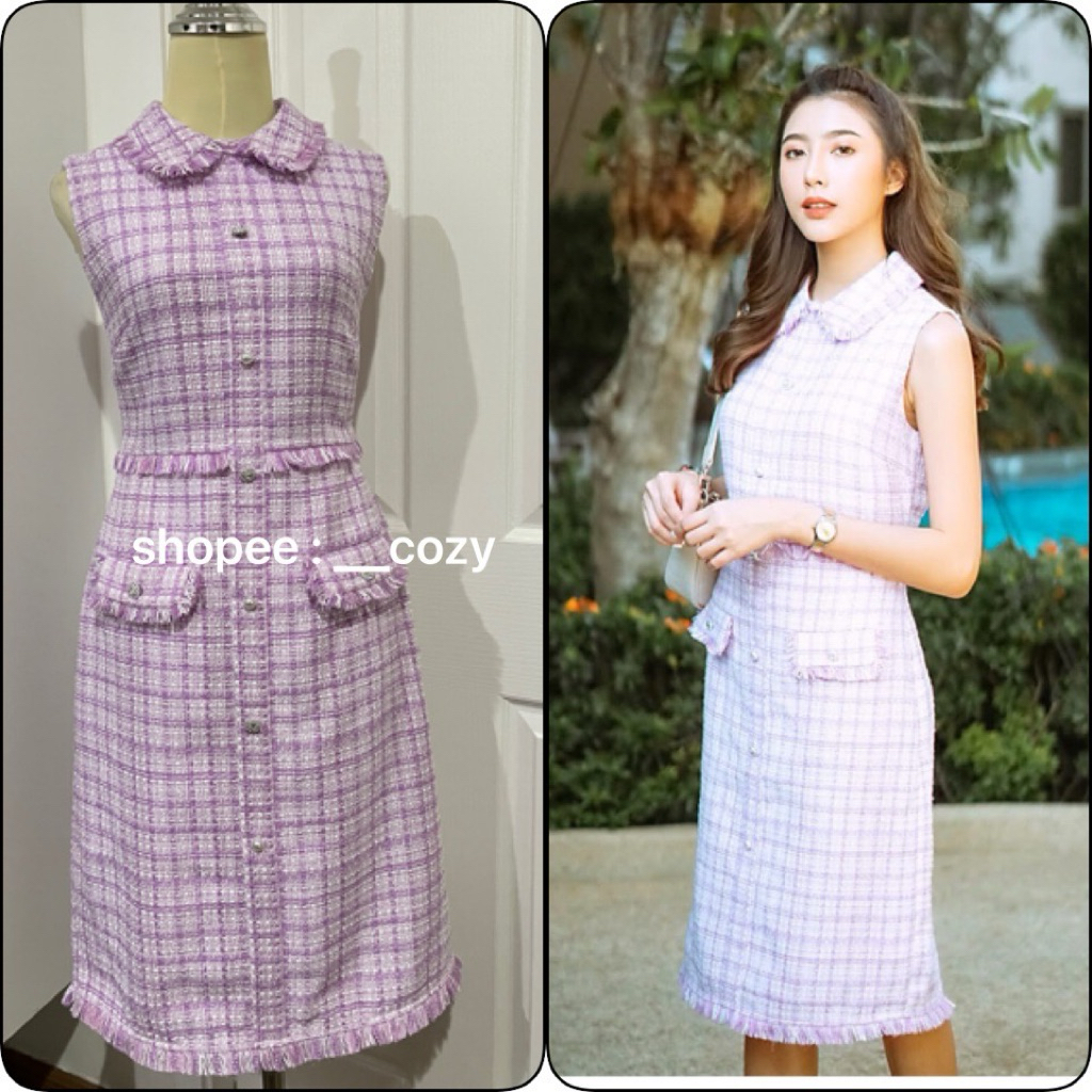 EP Fashion (2nd) : M เดรสทวีต ผ้าทอ ชุดออกงาน ราตรี สีม่วง