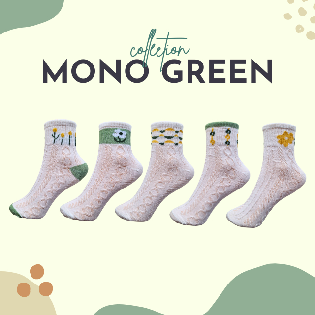 💚🌷 ถุงเท้าข้อกลางสีขาว มีtexture คอลเลคชั่น “Mono Green”(2) 🌷💚