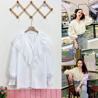 Lynlalin เสื้อเชิ้ตคอปก ฉลุลูกไม้ แขนยาว ผ้าคอตตอนแท้100% ดี…