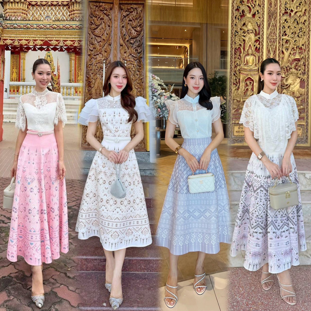 S-XXL ชุดเดรส, เซท 2 ชิ้น เสื้อ+กระโปรงพิมพ์ลายไทย สีขาว/ม่วง/ชมพู/ฟ้า/น้ำเงิน/ครีม/เขียว #ชุดไทยประยุกต์ #abigail
