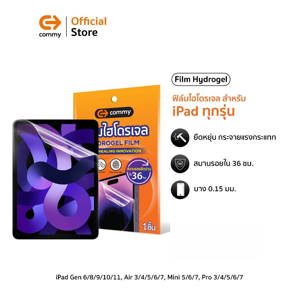 Commy ฟิล์มกันรอยไฮโดรเจล สำหรับไอแพด iPad Gen 6/8/9/10/11, Air 3/4/5/6/7, Mini 5/6/7, Pro 3/4/5/6/7