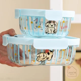 NEW 💗กล่องข้าว ใส่อาหาร เนื้อแก้ว ลายการ์ตูนพาสเทล 🐱🦊🐶 แบ่งช่อง พร้อมฝาปิด ✨ | Lassie decor ✨