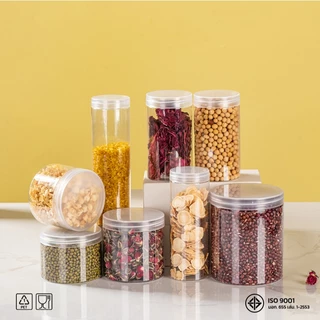 10ชิ้น เซ็ตกระปุก PET ทรงกลม ขนาด 65mm ความจุ 160–680ml วัสดุ Food Grade ใส่อาหาร ขนม เครื่องปรุง แถมฟรี แผ่นโฟม HC65