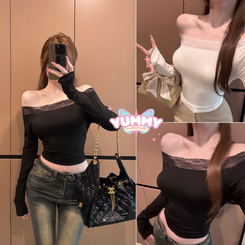 🎀Yummy Shop🎀㈩㈡ เสื้อแขนยาวเปิดไหล่ สีพื้นขาวดำผ้าร่องเล็ก แต่งขอบลูกไม้ ชุดสาวฮอต เสื้อ' FY8719