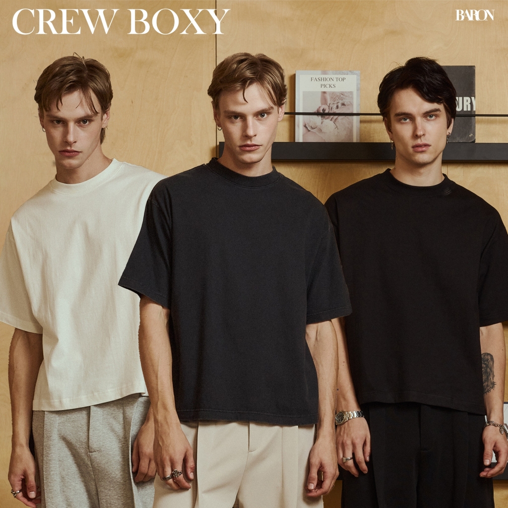 BARON เสื้อยืดครอปผู้ชาย Crew Boxy T-shirts ผ้าคอตตอน 100% สีขาว/ดำ/น้ำตาลเฟด/ดำเฟด แนวสตรีท