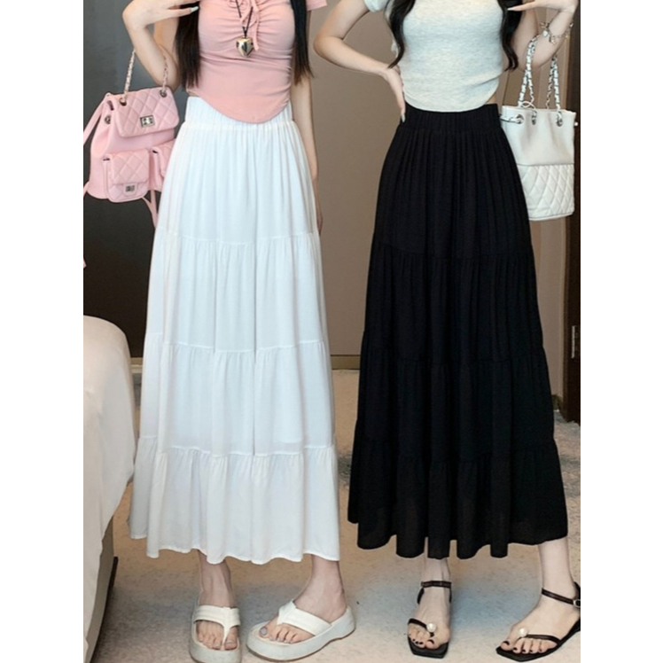 Rosy Bra กระโปรงยาวแฟชั่น กระโปรงยาว เอวสูง เอวยางยืด สีทึบ ระบาย3ชั้น เนื้อผ้าอย่างดี ใส่สบาย