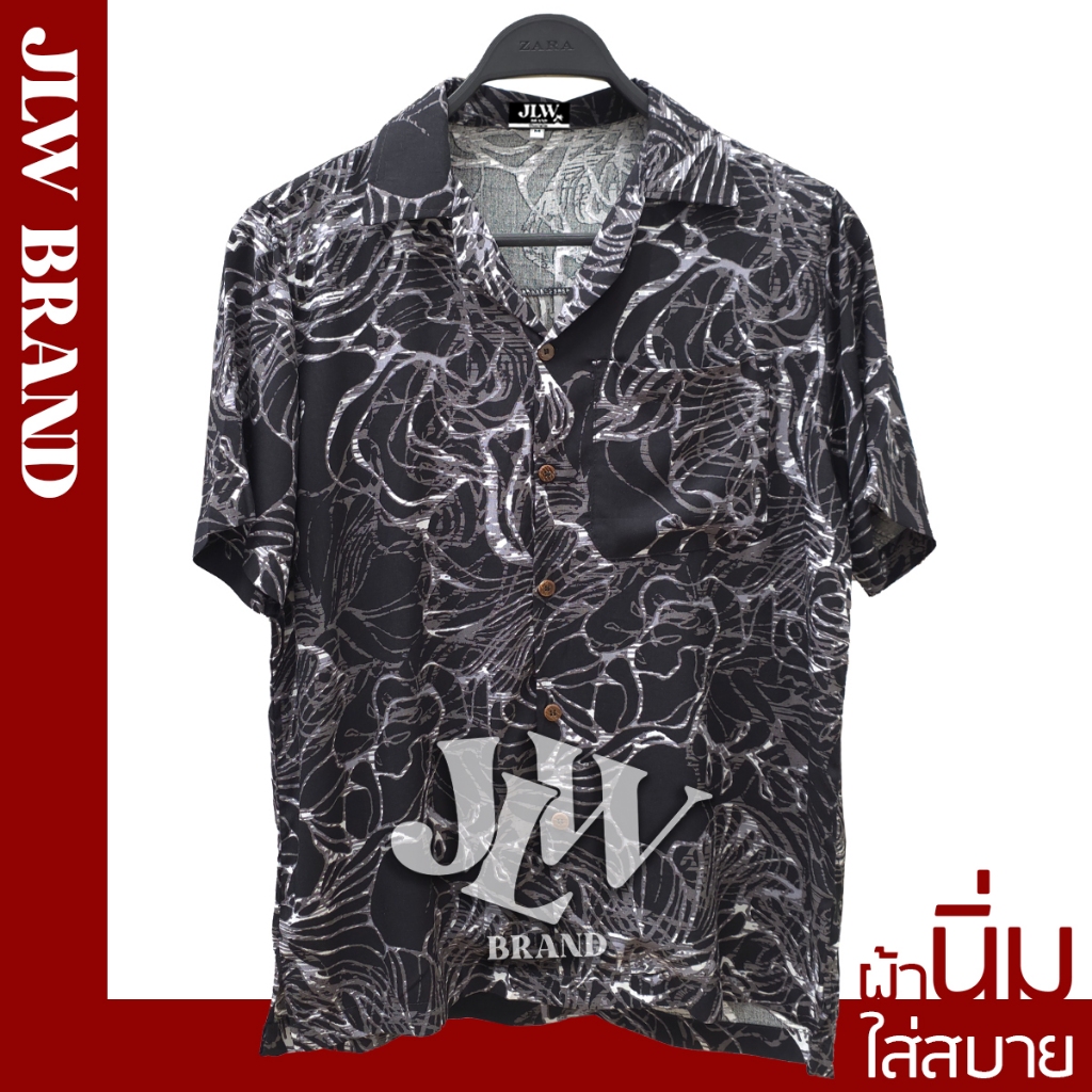เสื้อฮาวาย ลายริ้วดอกไม้ ผ้านิ่ม M L XL Oversize คอฮาวาย JLW BRAND