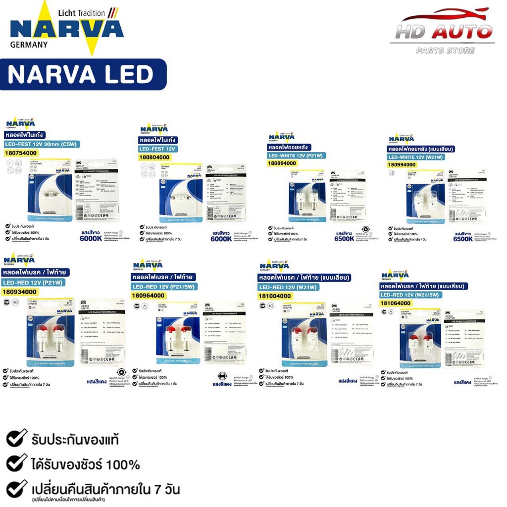 NARVA LED หลอดไฟท้าย ไฟถอย ไฟเบรค ไฟสัญญาณ T10 W21 W21/5 P21 P21/5 สีแดง สีขาว