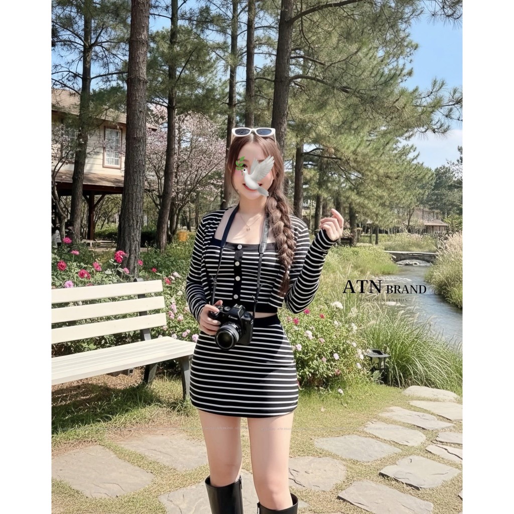 Chaaim Shop ❤️AT189 ป้ายATN เซ็ต 3 ชิ้นสีดำลายริ้ว เสื้อคลุมแขนยาว+เสื้อครอปสายเดี่ยว+กระโปรงสั้น(ซั