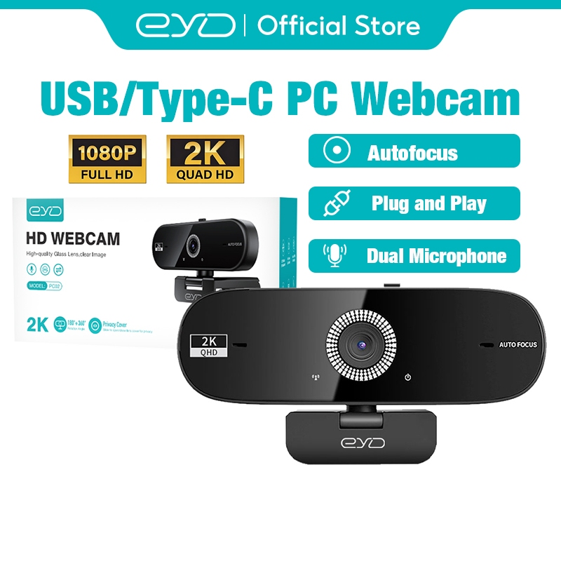 EYD 2K กล้องเว็บแคม ความละเอียด 5 ล้านพิกเซล โฟกัสอัตโนมัติ ไมโครโฟนภายใน ฝาปิดเลนส์เพื่อความเป็นส่วนตัว หมุนได้ 360°
