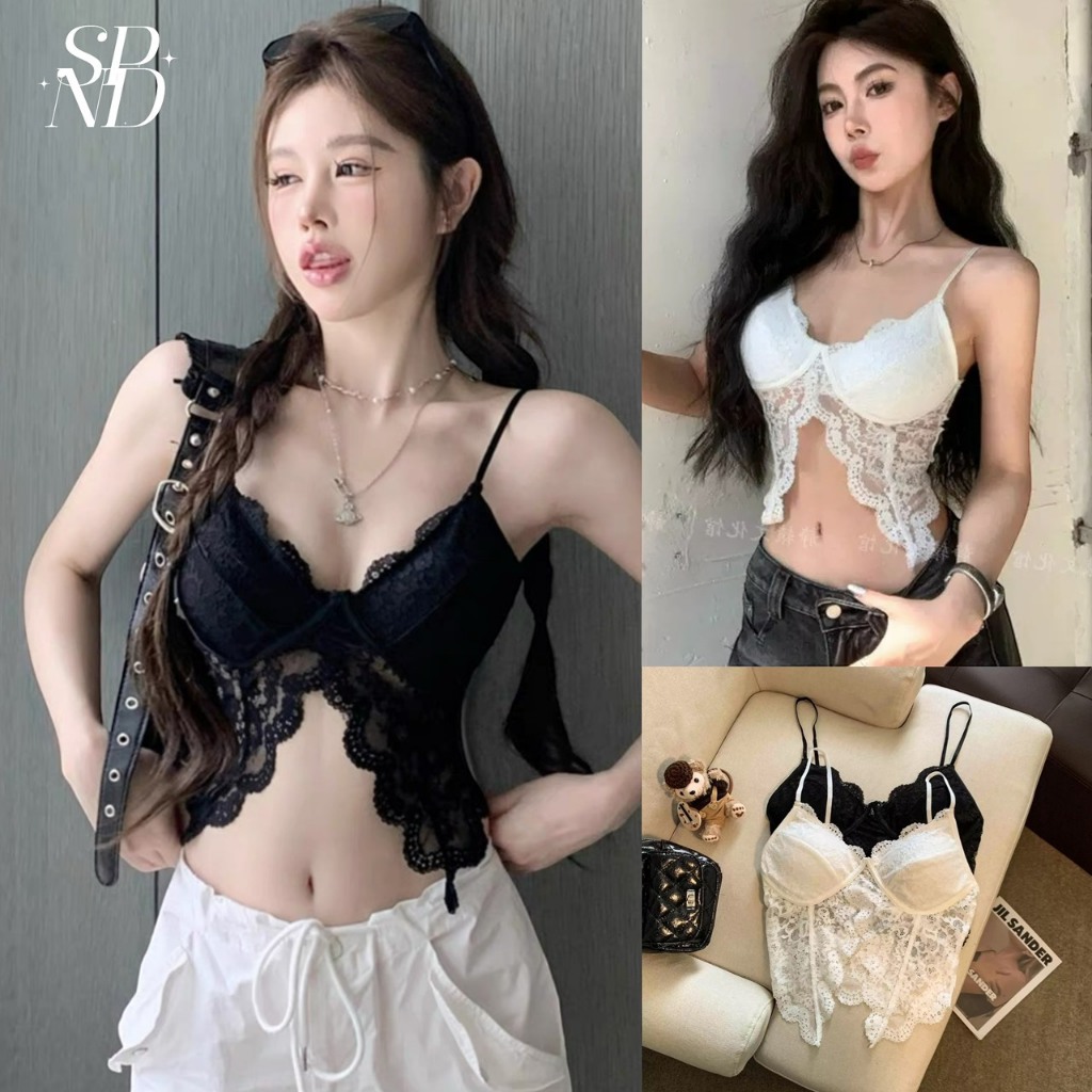 SPND【พร้อมส่ง】เสื้อครอปสายเดี่ยวลูกไม้ มีฟองน้ำในตัว มีให้เลือก2 สี(3045)
