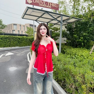 เสื้อแขนตุ๊กตา ทรงยาวชายพริ้ว แต่งลูกไม้ ระบายอก หลังสม็อค ผ้าซีฟอง ใส่สบาย LG045