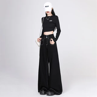S-5XL กางเกงยีนส์ผู้หญิงเอวสูงสีดำทรงตรง ใส่สบายแบบลำลอง มีทุกไซส์