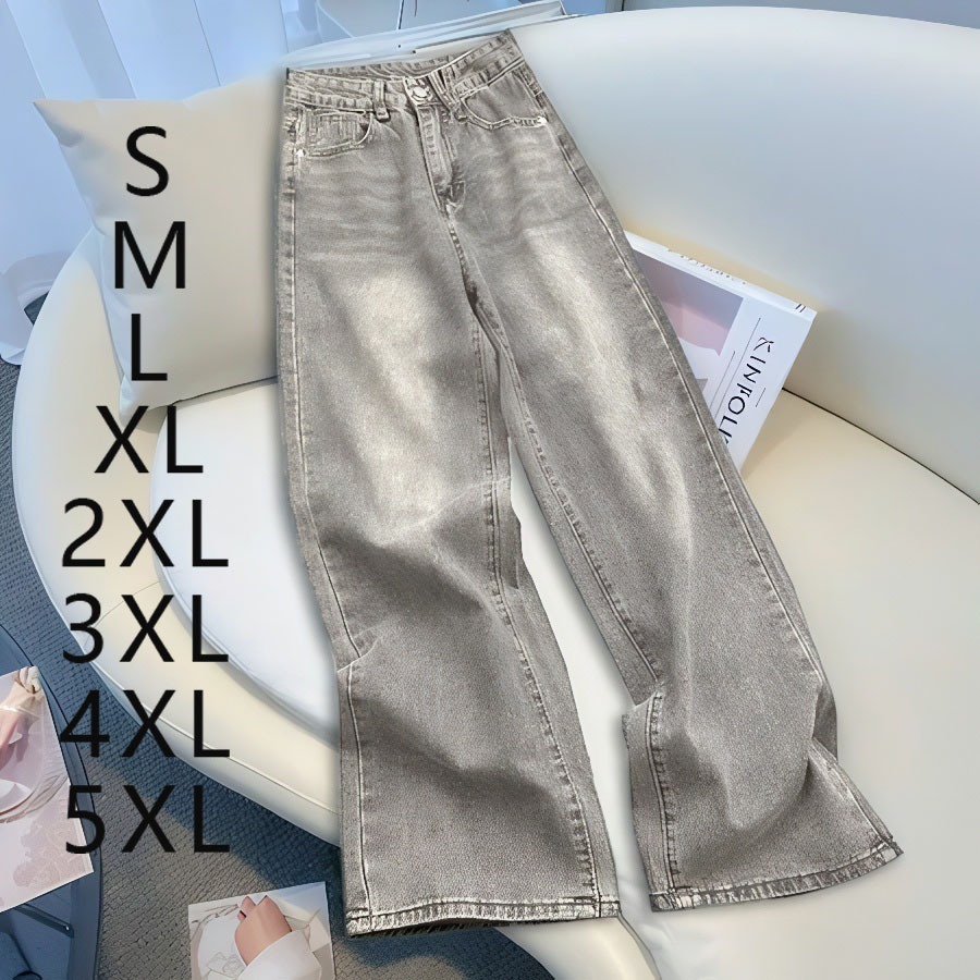 S-5XL กางเกงยีนส์หญิงทรงตรงสีเทา Vintage ใส่สบาย เก๋ไก๋ ไซส์ครบ