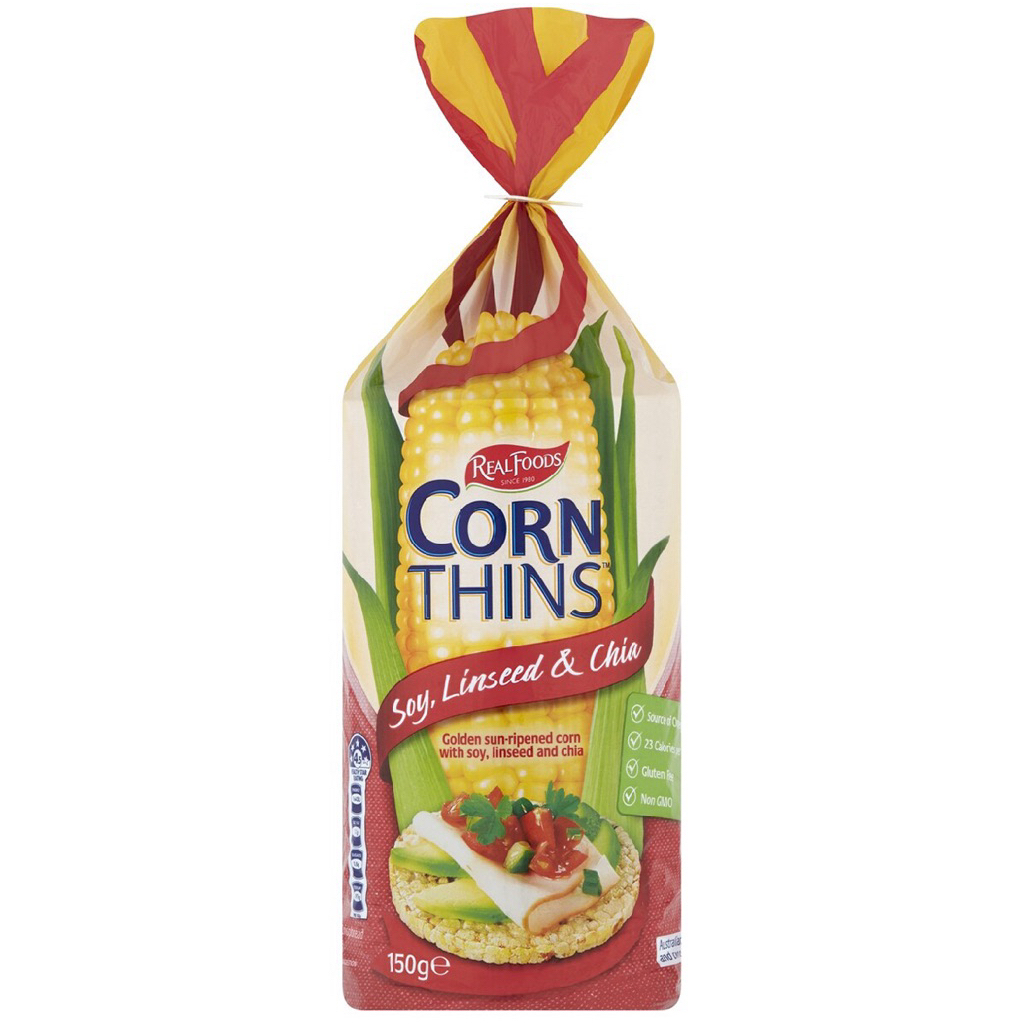 Real Foods Original Corn Thin Soy Linseed&Chia/Multigrain/Sour cream & Chive/Tasty Cheese ข้าวโพดธัญ