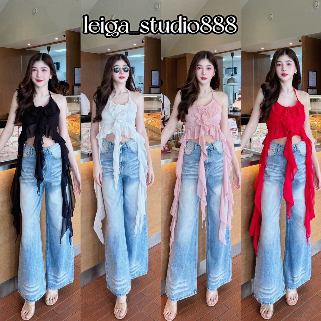 เสื้อครอป คล้องคอ มีซับใน ผ้าซีฟองแต่งระบายคอและชายเสื้อ แต่งดอกไม้ แมทซ์ได้หลายลุค LG028