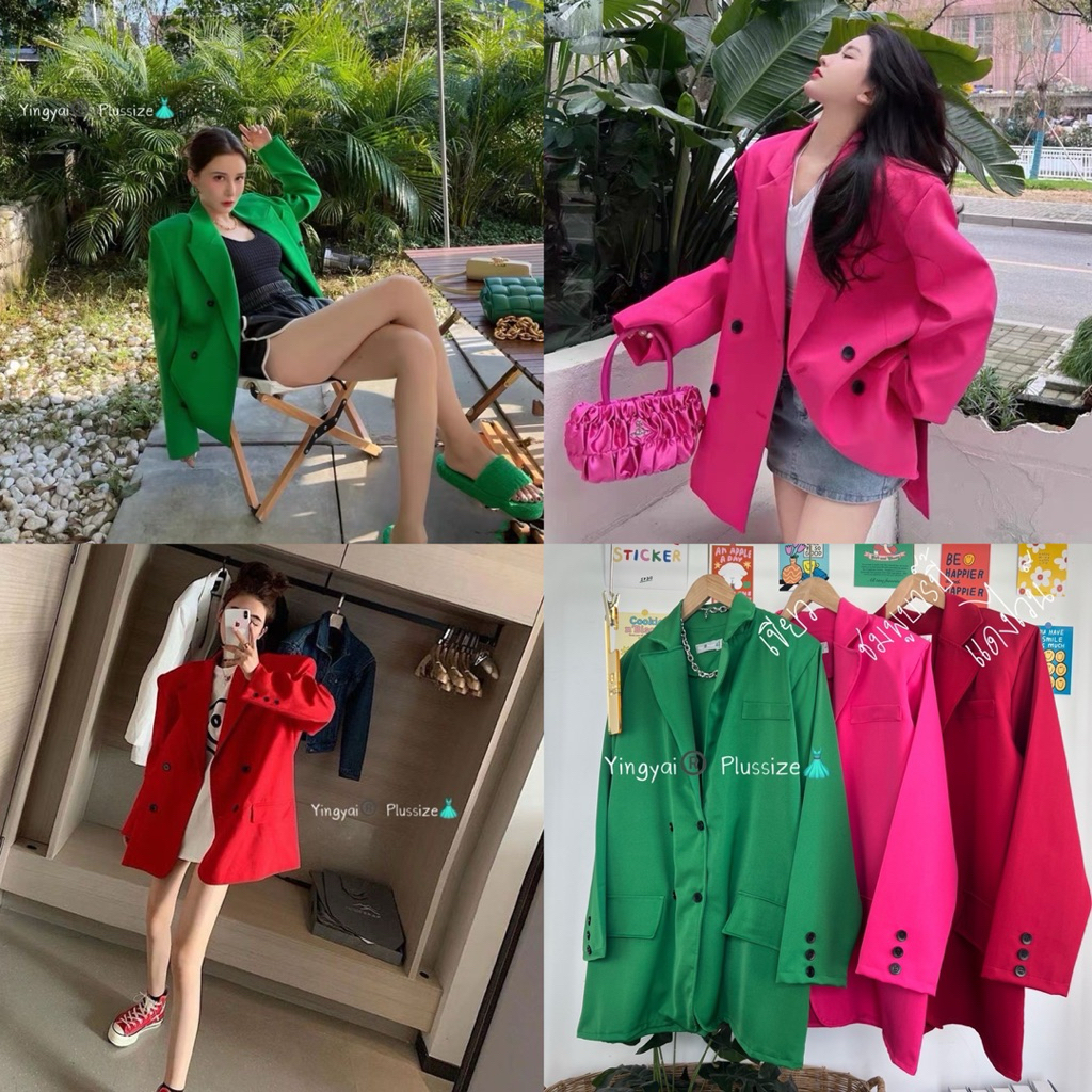 (YY) เสื้อเบลเซอร์ แขนยาว กระดุมดำ ผ้าบาร์บี้สีสวยทุกสี ทรง oversize ใส่ทำงานได้เลย ไซส์ใหญ่