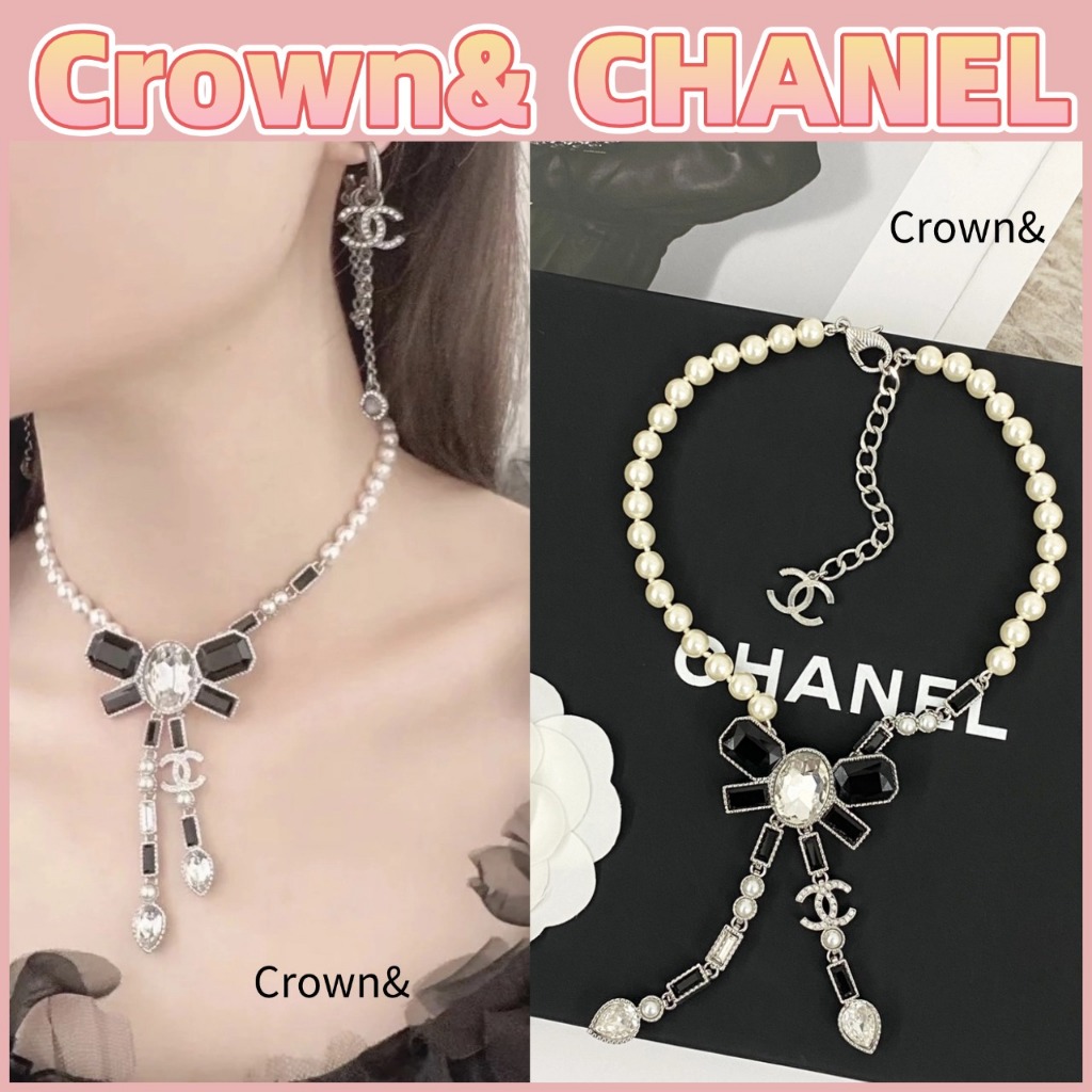 💯สินค้าใหม่เอี่ยมของแท้ 100%/CHANEL (23k Autumn Series) CC สร้อยคอโบว์คริสตัลสำหรับผู้หญิง