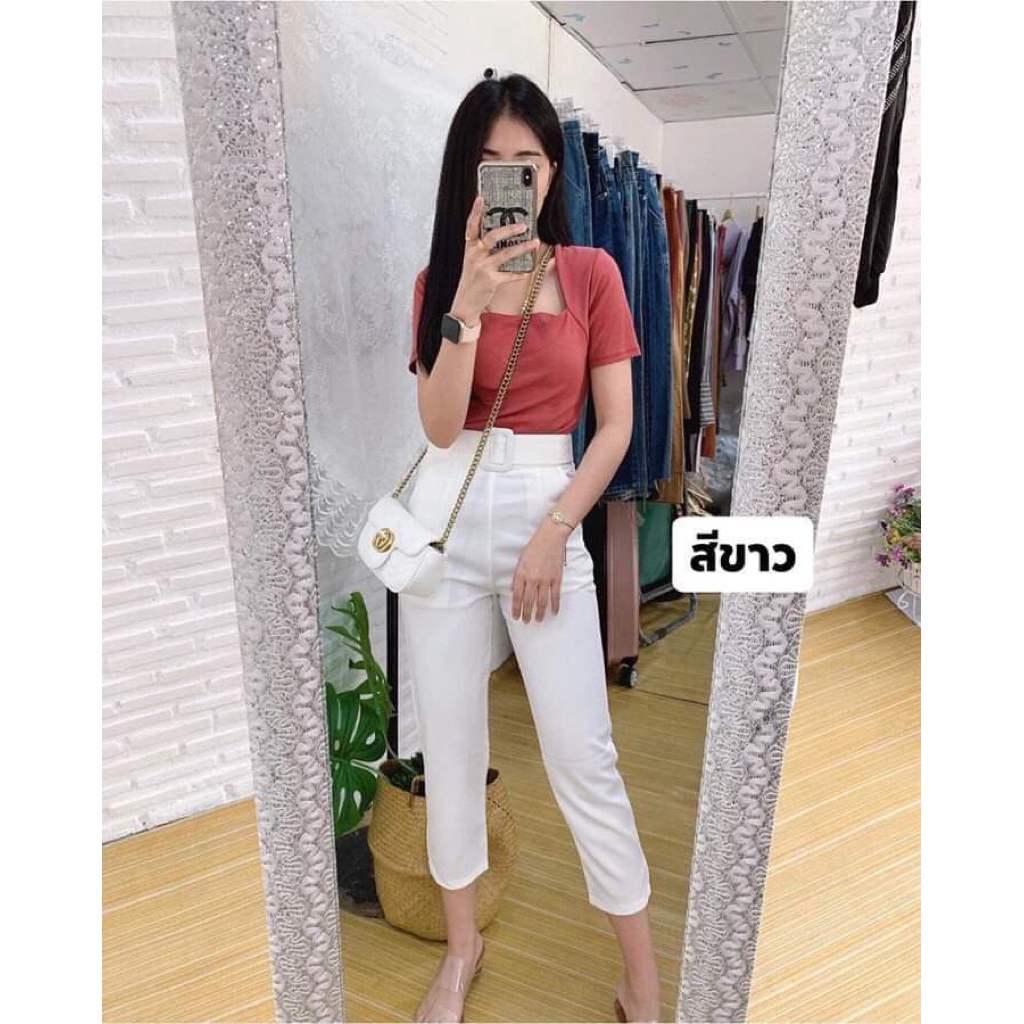 กางเกงผ้าฮานาโกะ 7ส่วน เข็มขัดเหลี่ยม ซิปหลัง มีกระเป๋า2ข้าง
