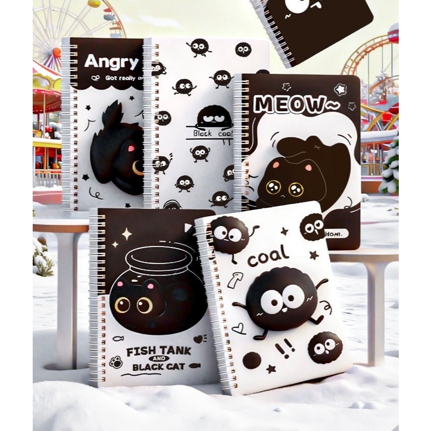 สมุดโน๊ตสันห่วง ขนาด A5 มีเส้น 70 แกรม/ 60 แผ่น / 120 หน้า กระดาษถนอมสายตา ลายน้องฝุ่นดำ และน้องแมวดำ
