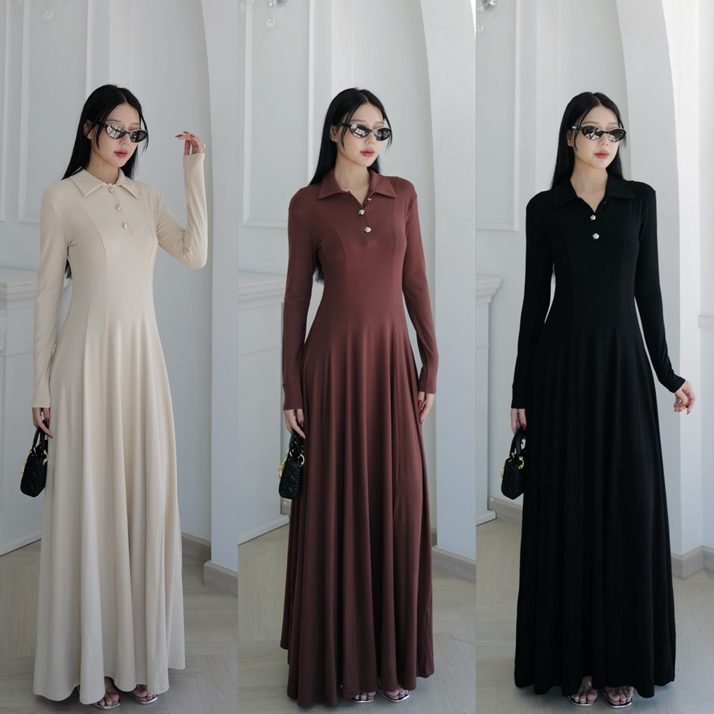 เดรสยาวคอปกกระดุมหน้า ฟรีไซส์ INTUON #7003ท323