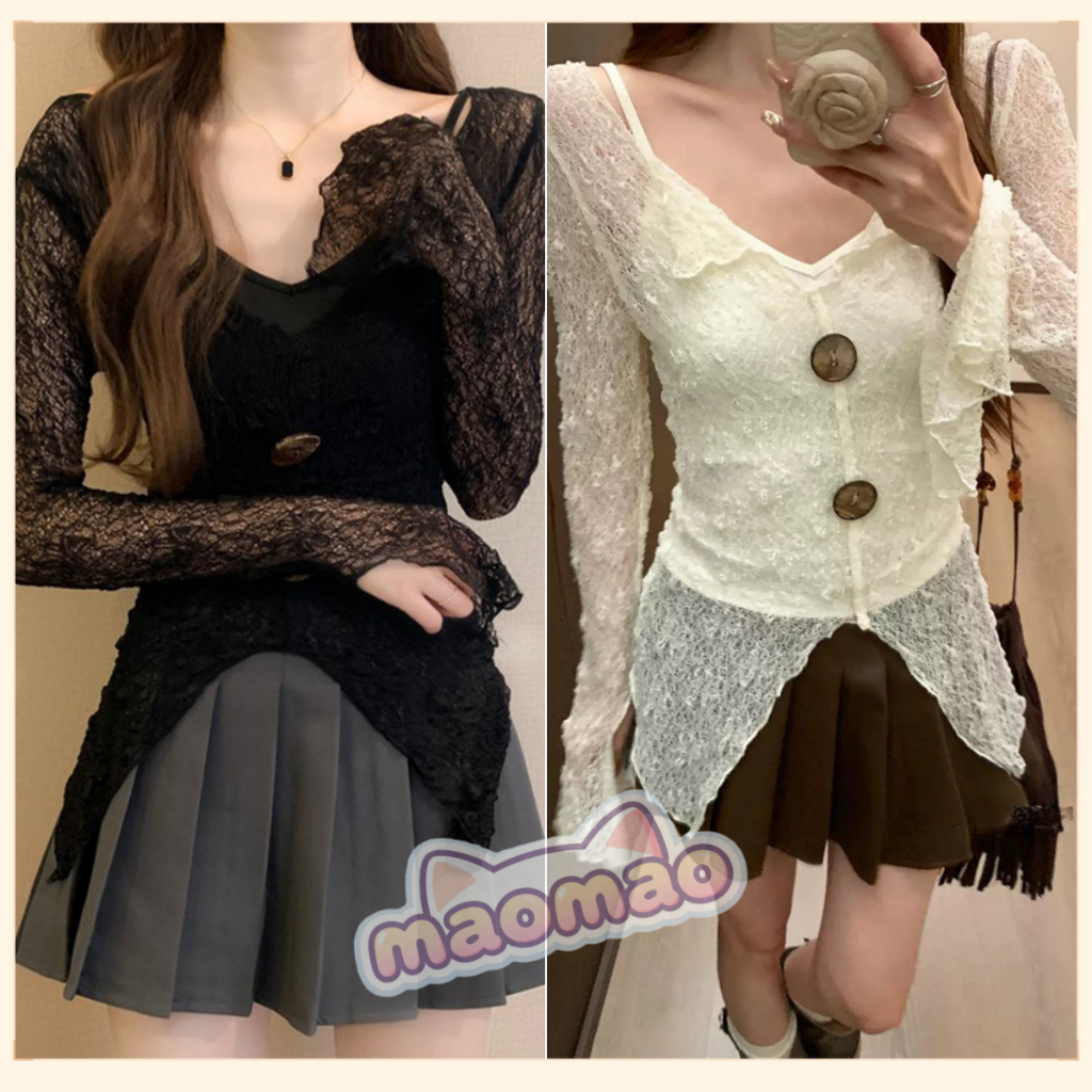 Maomao​💜พร้อมส่ง🌟 เสื้อไหมพรม แขนยาว คอสี ดีเทลผ้าซีทรูสีพื้น ลูกไม้ เสื้อแขนยาวผู้หญิง U245