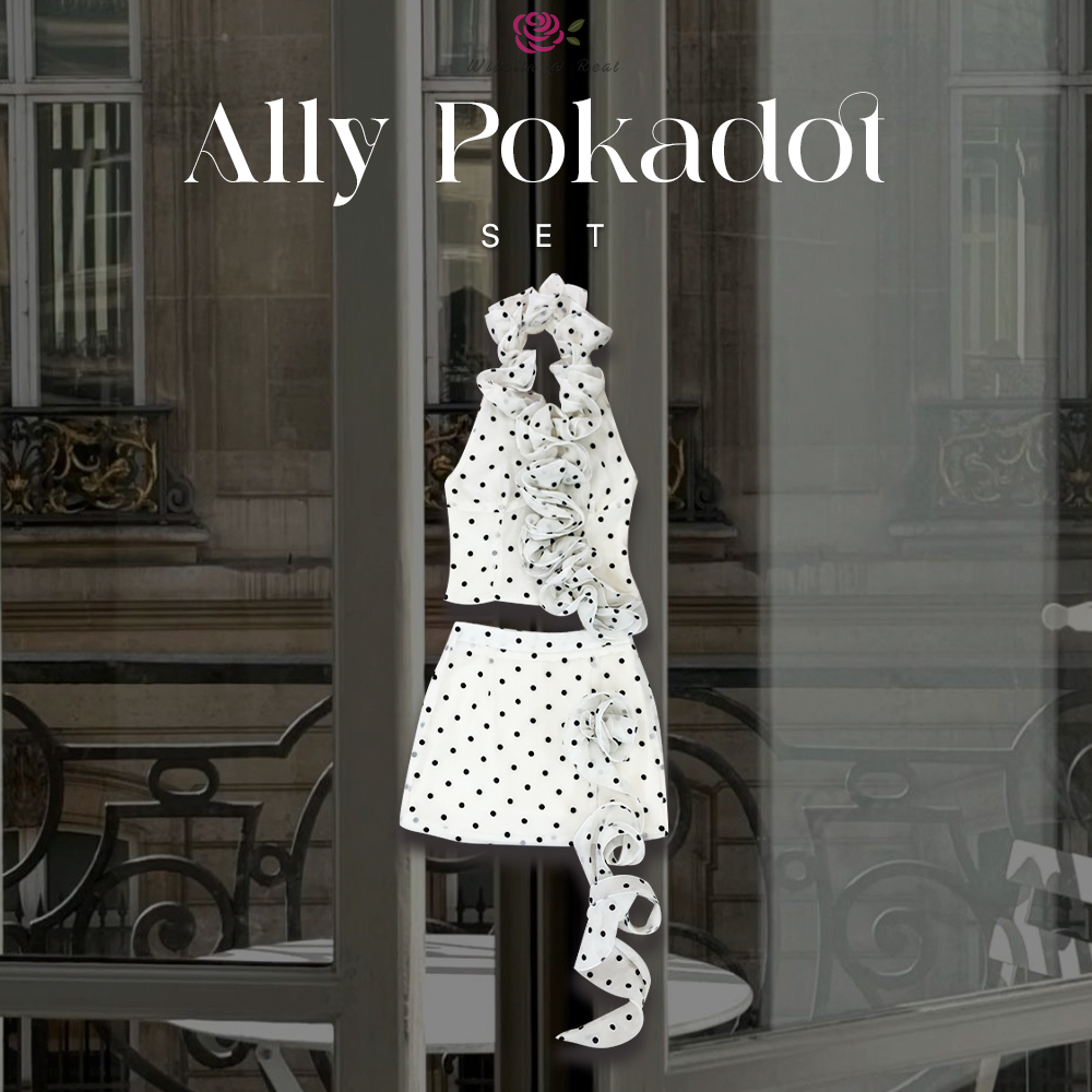 Ally Pokadot Set ชุดเซ็ท 2 ชิ้นผ้าชีฟองพิมพ์ลายจุด เสื้อคล้องคอแต่งระบาย+กระโปรงสั้นแต่งดีเทลระบายข้าง มีซับในใส่ซิปหลัง