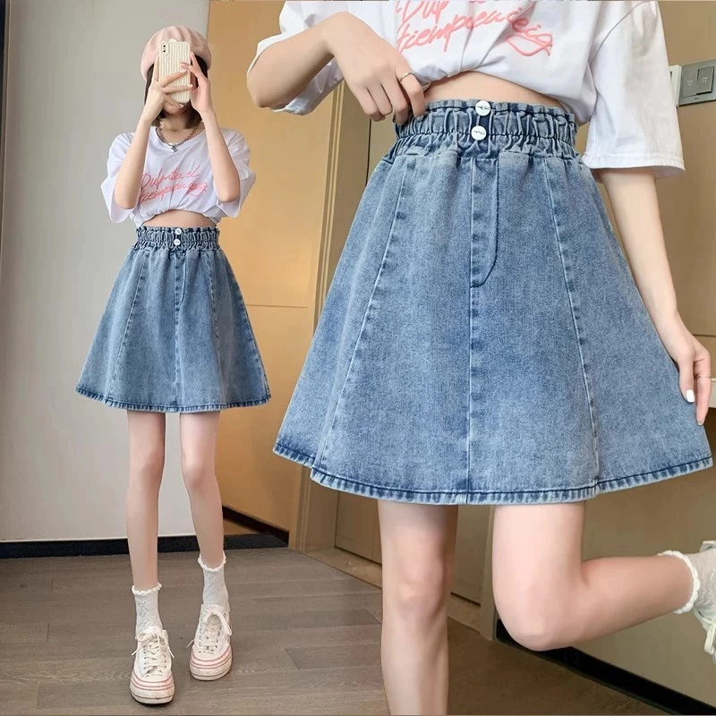 Plus Size~MINI skirt denim กระโปรงยีนส์ทรงเอไลน์เอวสูงสำหรับผู้หญิง เหมาะกับการเล่นเทนนิส กระโปรงทำงานสไตล์เกาหลี