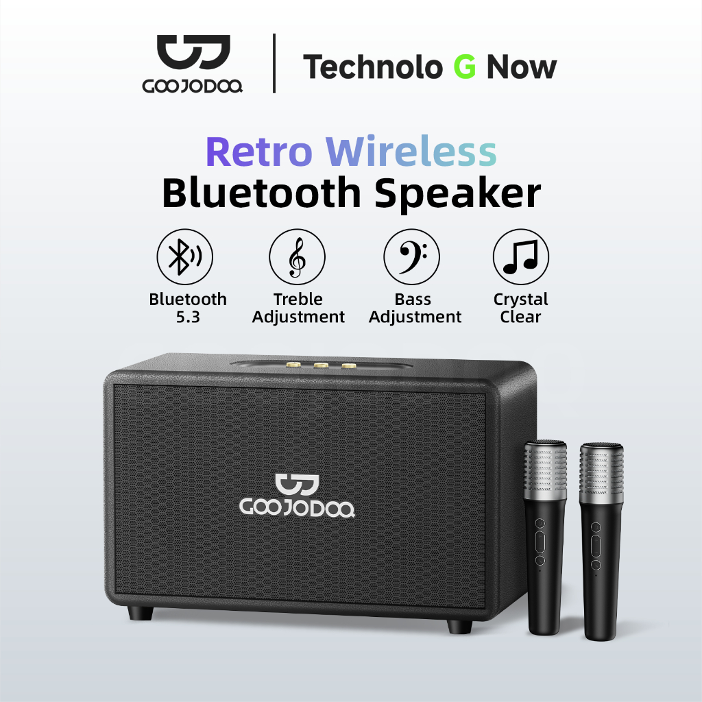 GOOJODOQ Portable Retro Speaker Bluetooth 5.3 connection  4 Playback Modes Two Wireless Microphones