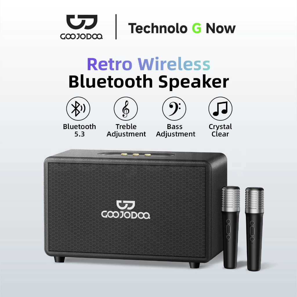GOOJODOQ Portable Retro Speaker Bluetooth 5.3 connection 4 Playback Modes Two Wireless Microphones