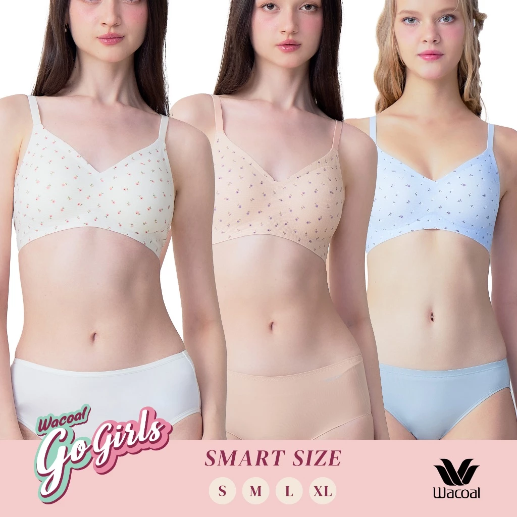 Wacoal Gogirls Smart Size บราไร้โครง ฟองน้ำบาง พิมพ์ลายดอกไม้ เซท 3 ชิ้น รุ่น WB3Y43/WB3343