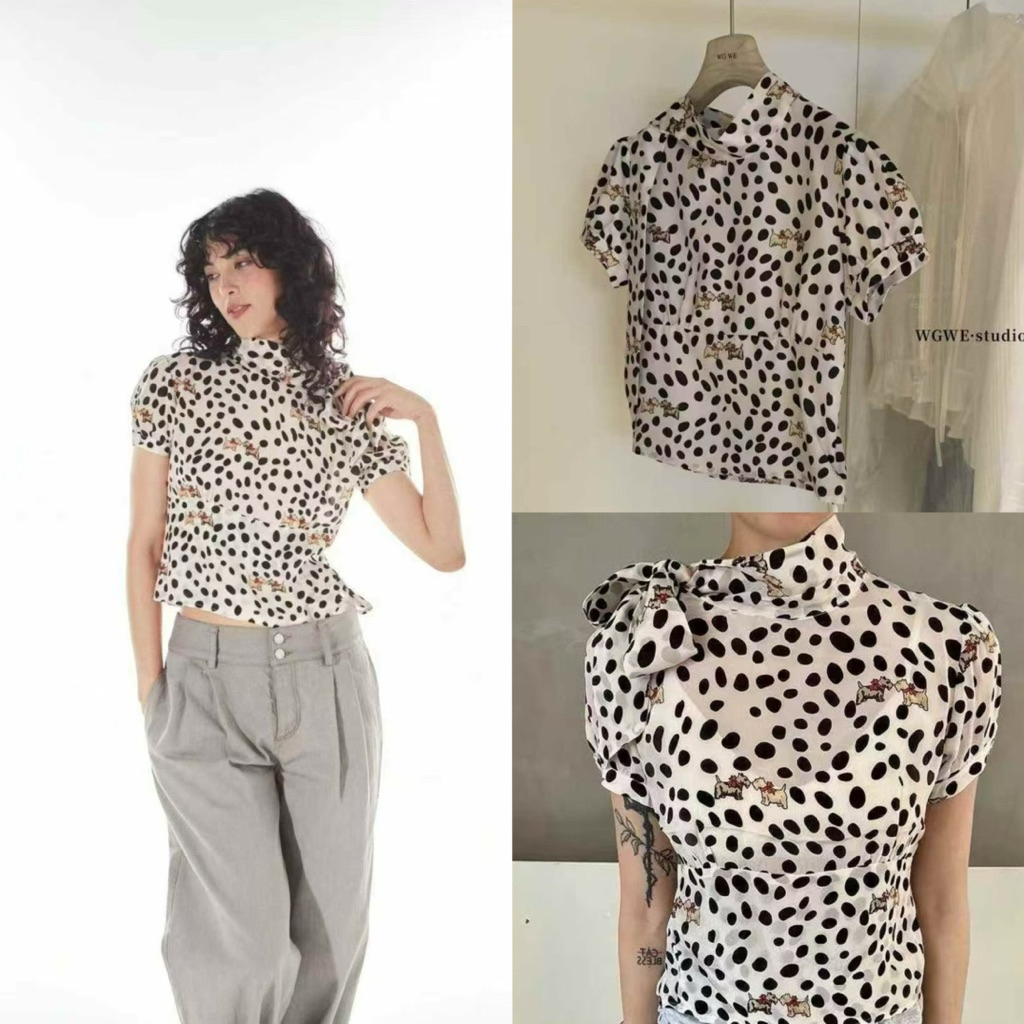 8185# เสื้อแขนตุ๊กตา ลาย polka dot มีโบว์ผูกช่วงคอ เนื้อผ้าดี งานสวย TAG:WG.WE 🇰🇷