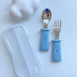 Morry Baby ช้อนส้อมสแตนเลส 316L สำหรับเด็ก ฝึกทานเองสาย BLW ด้ามจับพี่หมีน่ารัก มีกล่องเก็บพกพา อบนึ่งได้