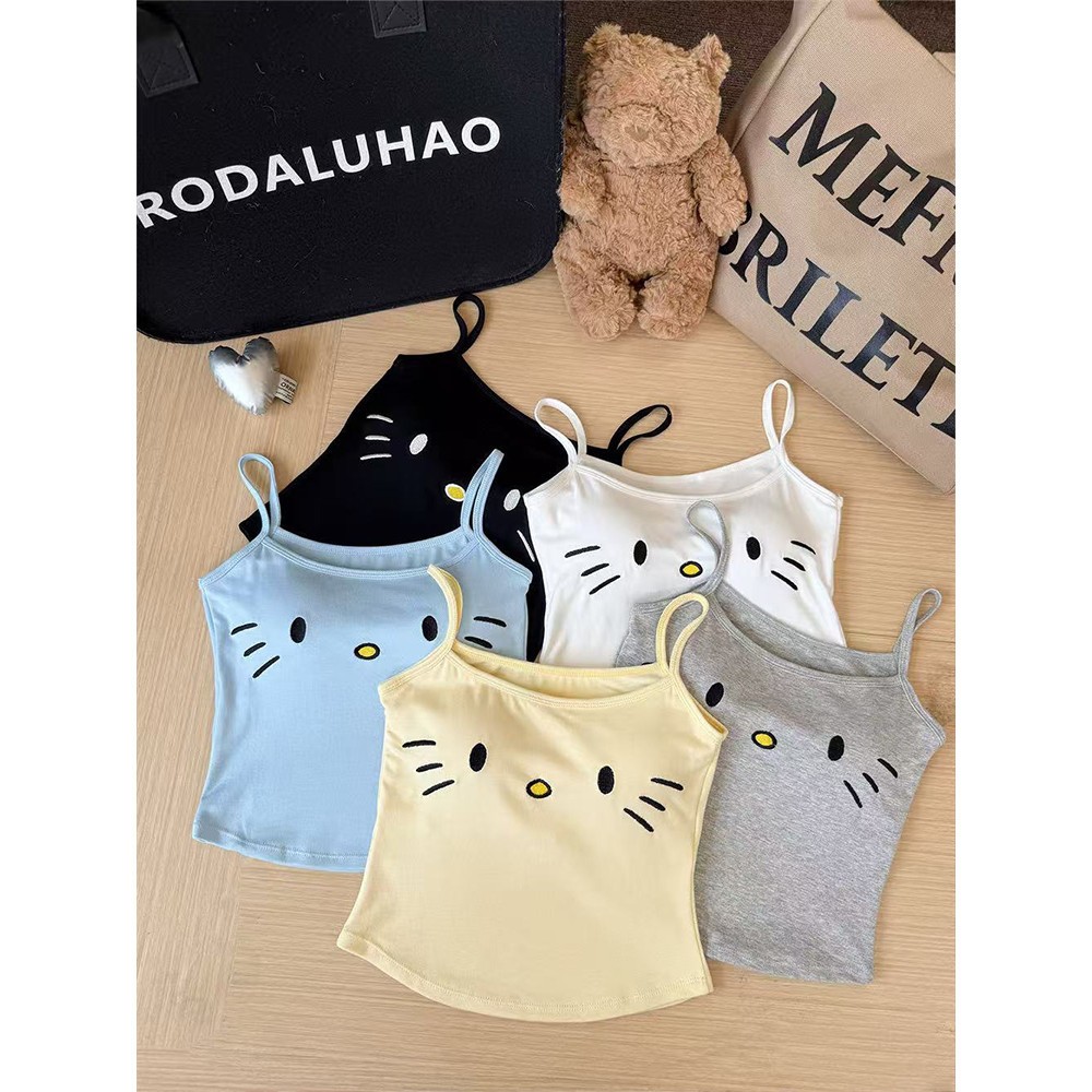 'พร้อมส่ง'🔥 Kitty เสื้อสายเดี่ยว ดีเทลลายแมวน่ารักฟรีไซส์มีฟองน้ำในตัว บางเบา ระบายได้ดี สุดฮิต FY3702 - รูปที่ 3