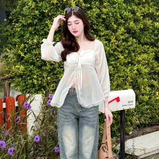 เสื้อแฟชั่น ผ้าซีฟอง สไตล์เวียดนาม แขนยาวติดโบว์ ทรงยาวชายพริ้ว แต่งลูกไม้ ระบายอก หลังสม็อค ใส่สบาย LG079