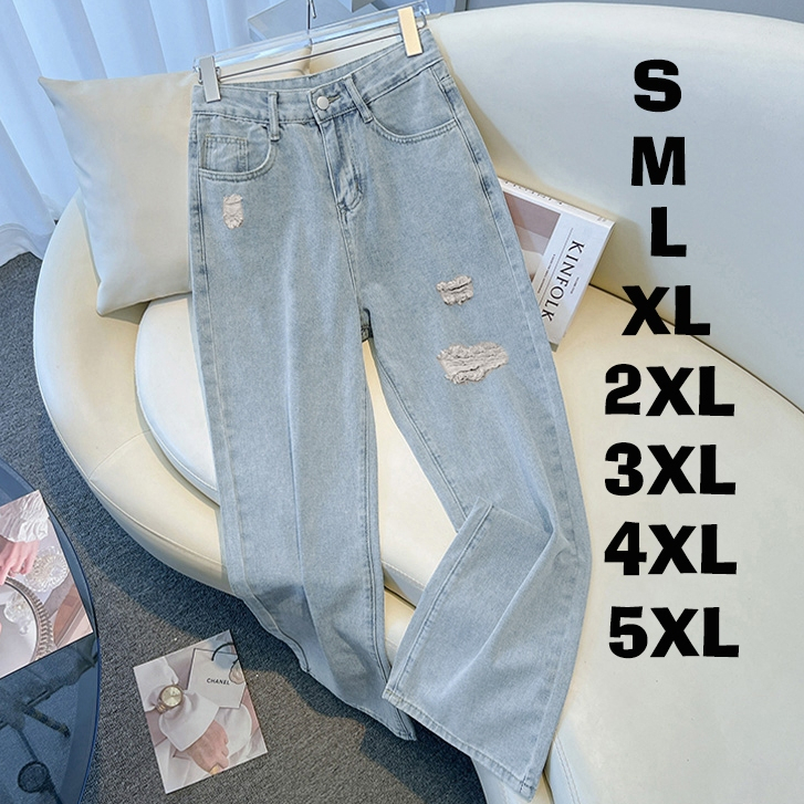 S-5XL กางเกงยีนส์ทรงตรงสีน้ำเงินรูขาดสำหรับผู้หญิง แฟชั่นทันสมัย แต่งได้หลายสไตล์ มีครบทุกขนาด