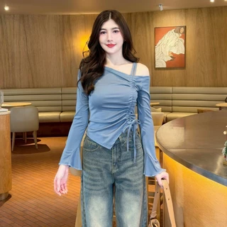 เสื้อยืดแขนยาว แฟชั่นเปิดไหล่ สายรูดผูกโบว์ เข้ารูป สไตล์เวียดนาม ใส่แมท LG085