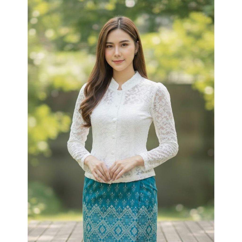 เสื้อลูกไม้อิตาลี คอจีน คอวี แขนยาว กระดุมหน้า รหัส EQ พลัสไซส์ 36-48 นิ้ว อัดกาวเต็มตัว