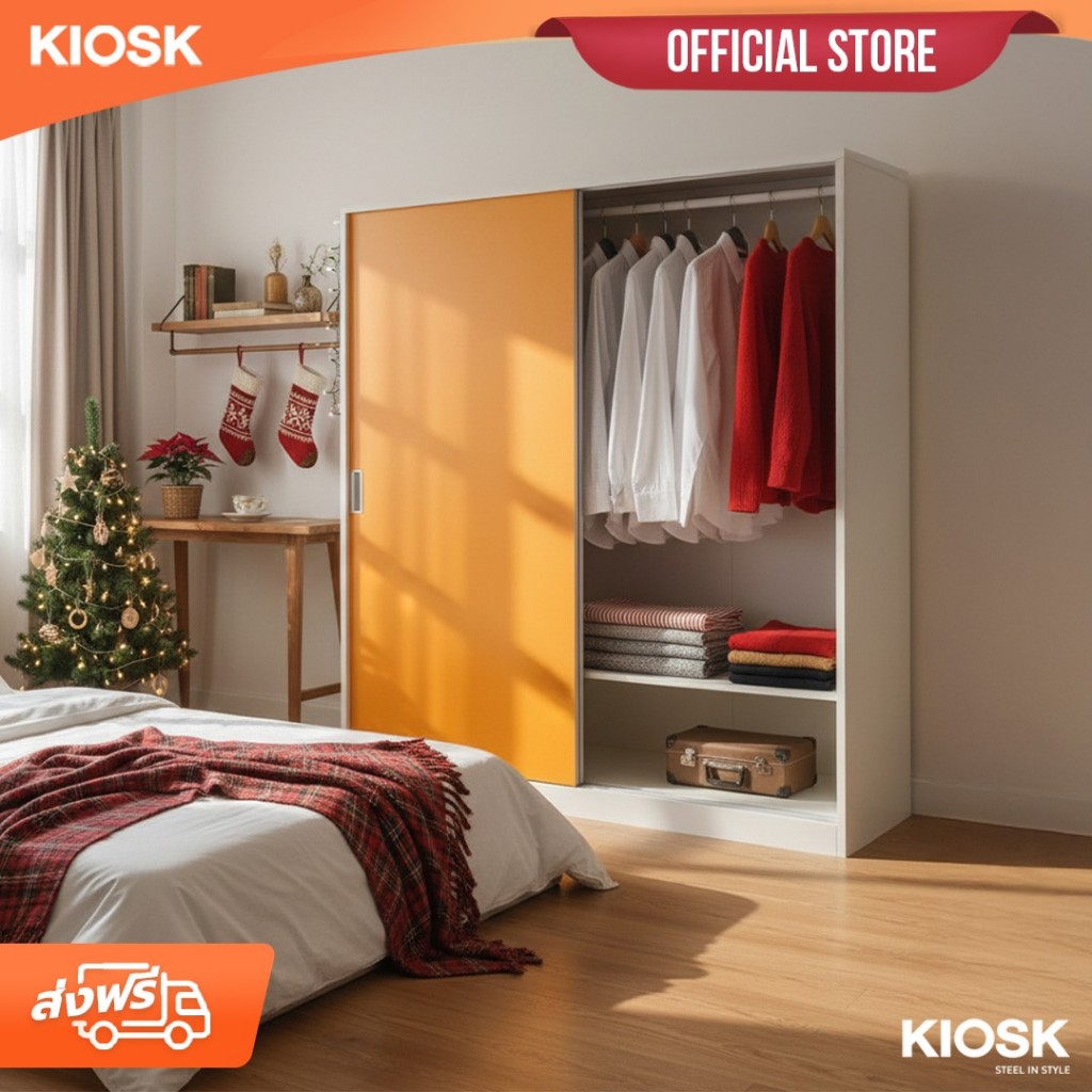 [จัดส่งพร้อมติดตั้งฟรี] KIOSK ตู้เสื้อผ้าเหล็กบานเลื่อน 160 ซม. พร้อมราวแขวน**มีใบกำกับภาษี**