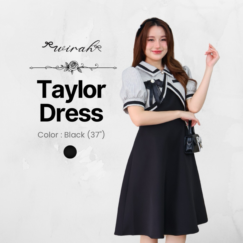 DW406 Taylor Dress ชุดเดรสสีดำ ตกแต่งกั๊กผ้าทวิส พร้อมเข็มกลัดโบว์สีดำ